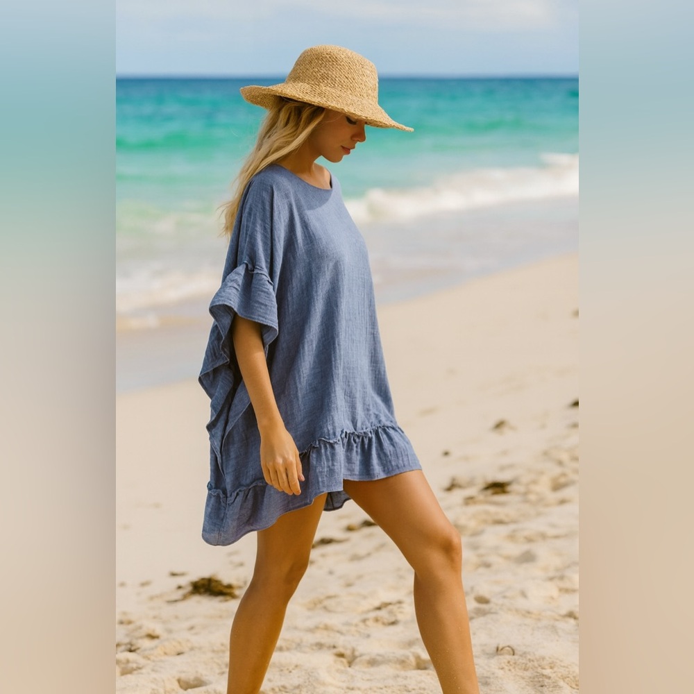 Chic Blue Ruffled Tunic Top / Swim Cover-up